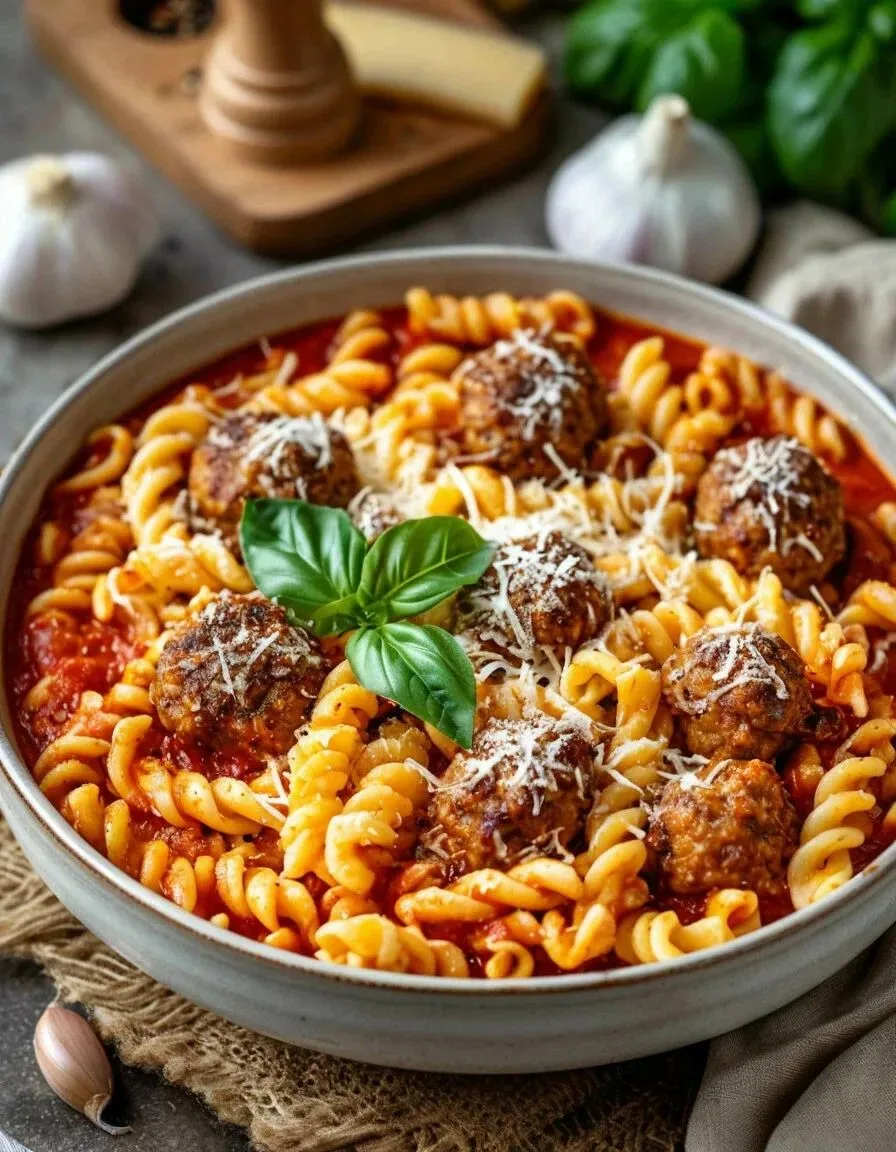 🍝 Ужин за 15 минут: паста с фрикадельками в томатном соусе и сыром 🧀