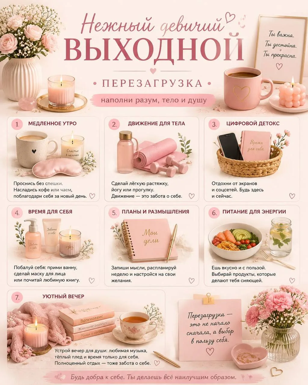 ✨ Нежный девичий выходной — перезагрузка для души и тела ✨

🛁 Медленное утро
Без спешки, с тёплым ч