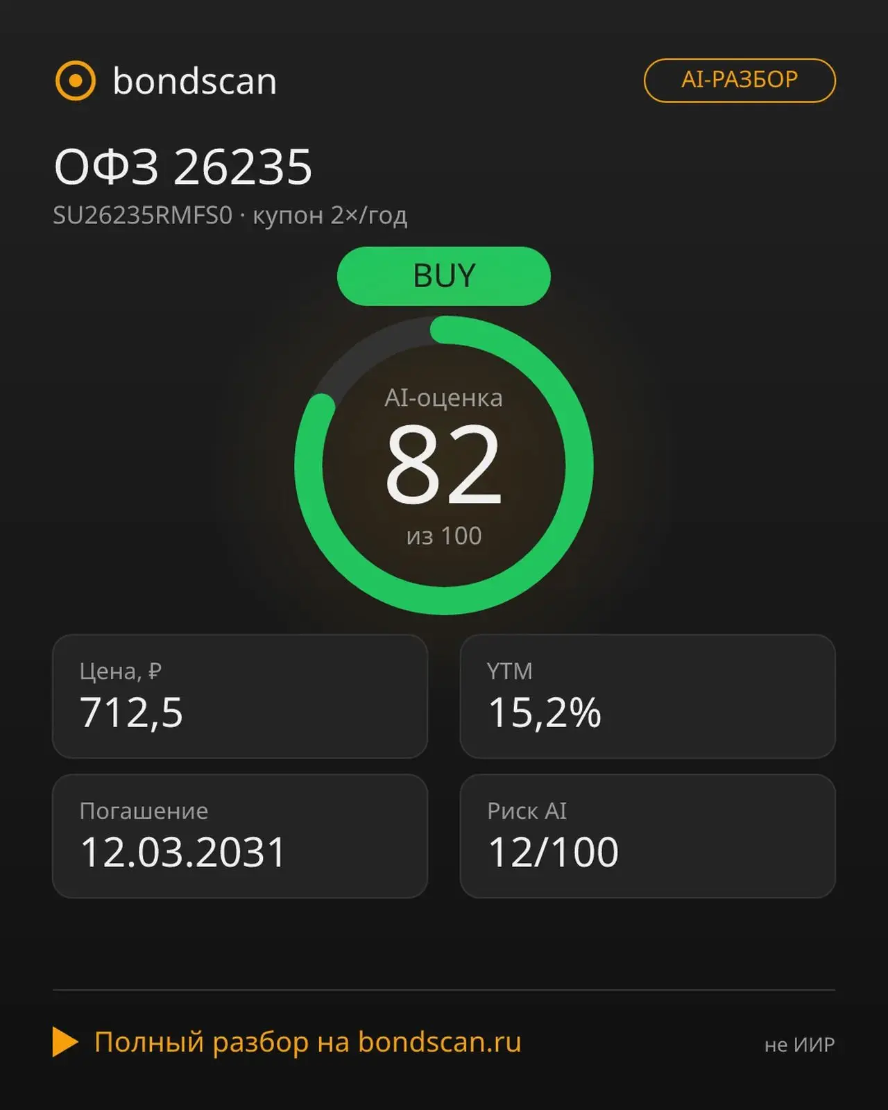 SU26235RMFS0 · ОФЗ 26235: YTM 15,5% на фоне глубокого дисконта (28,8%)
