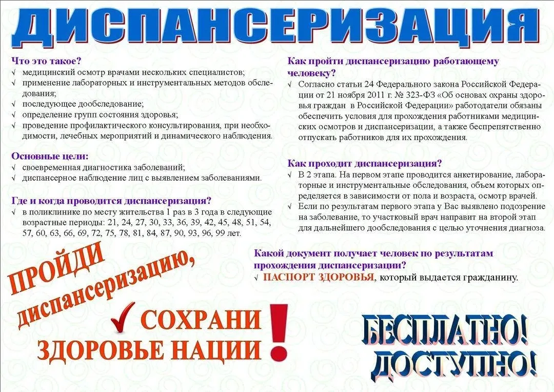 Диспансеризация – это бесплатное обследование и проводится оно на добровольных основаниях:
1 раз в т