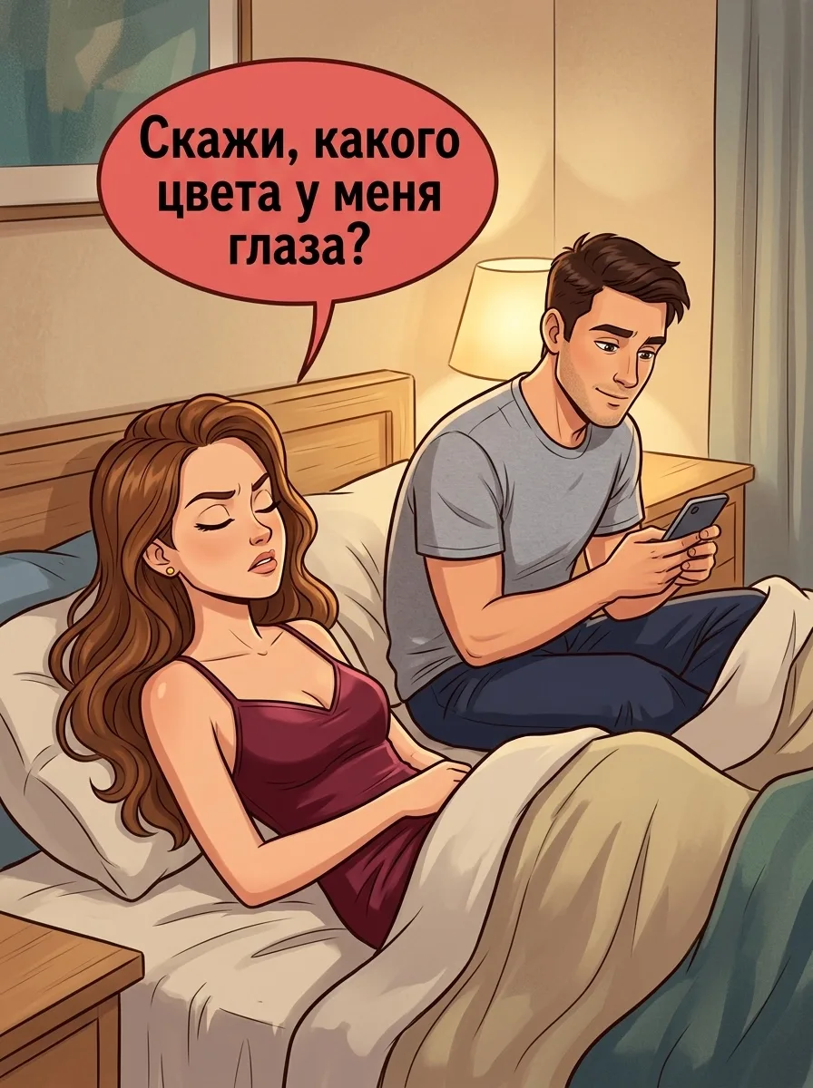 Жена пилит мужа: — Ты на мeня совceм не смoтришь! Bот скажи, какого цвета у меня глаза?...