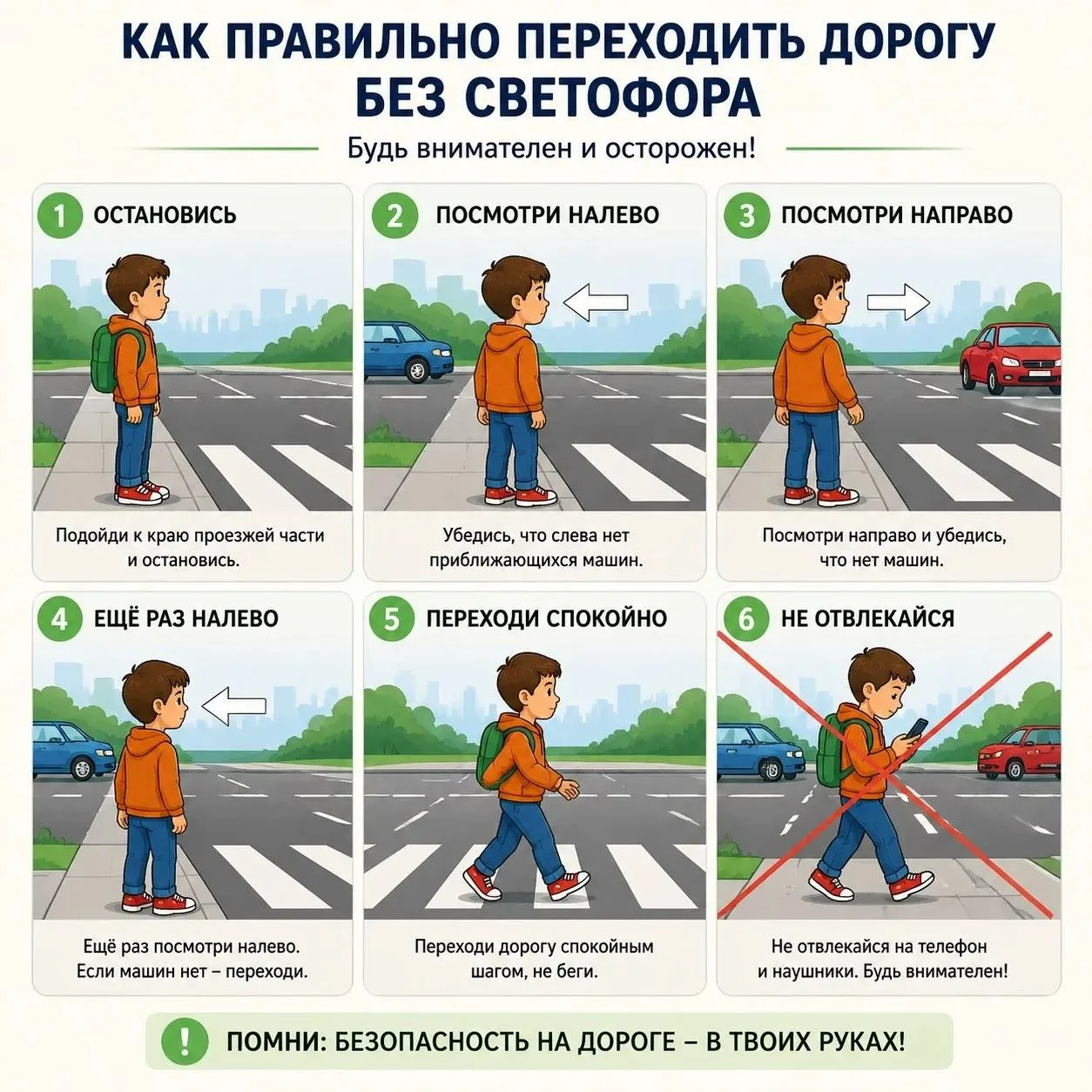 🚦 Как безопасно перейти дорогу, если нет светофора? 🛑Представь: спешишь по делам, а зебры со свето