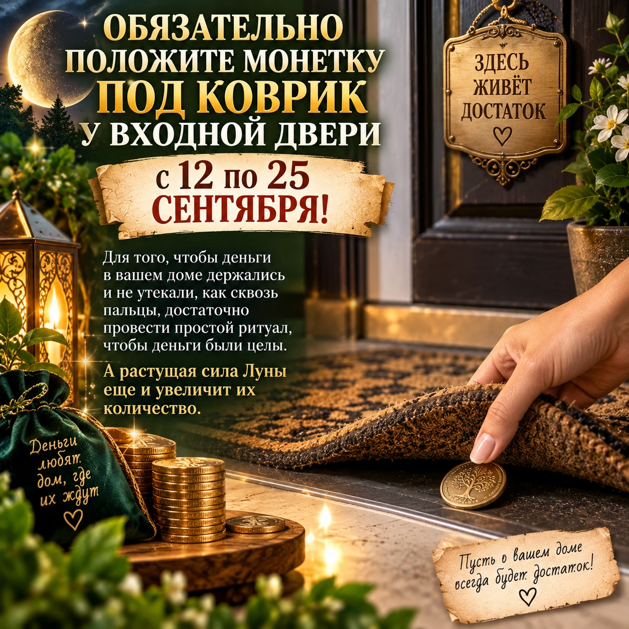 📌💰ОБЯЗАТЕЛЬНО ПОЛОЖИТЕ МОНЕТКУ ПОД КОВРИК У ВХОДНОЙ ДВЕРИ С 12 по 25 СЕНТЯБРЯ!