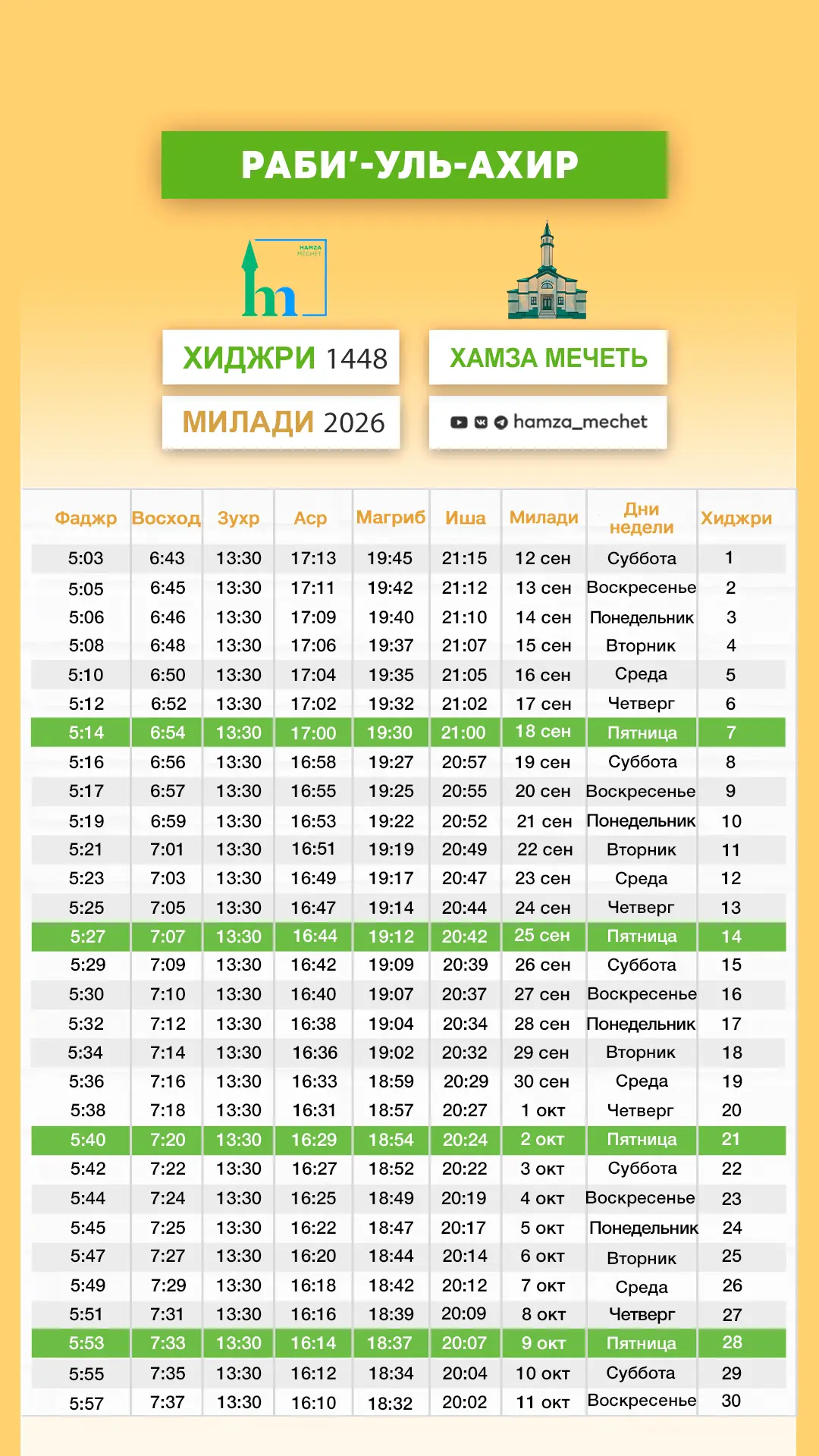 Рабиғел ахыр  айына - намаҙ ваҡыты