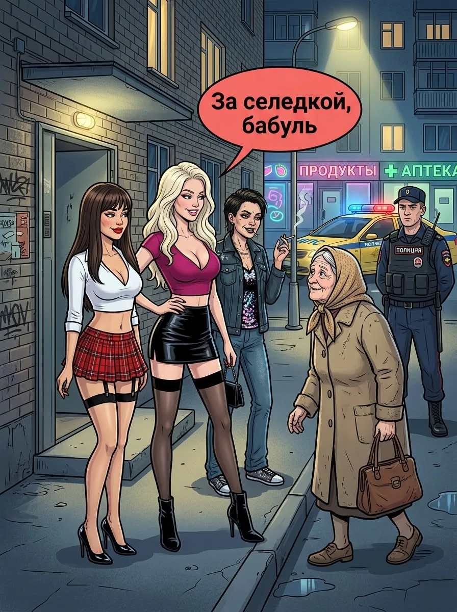 Стоят на панели проститутки, снимаются... Подходит старушка, спрашивает: