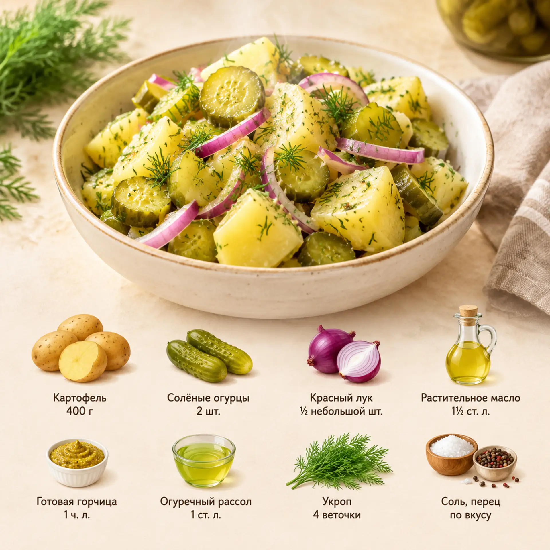 Горячий картофельный салат с солёными огурцами 🤤