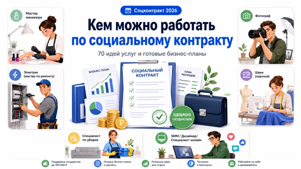 Кем можно работать по социальному контракту в 2026 году: 70 идей



✅ Социальный контракт на предпри