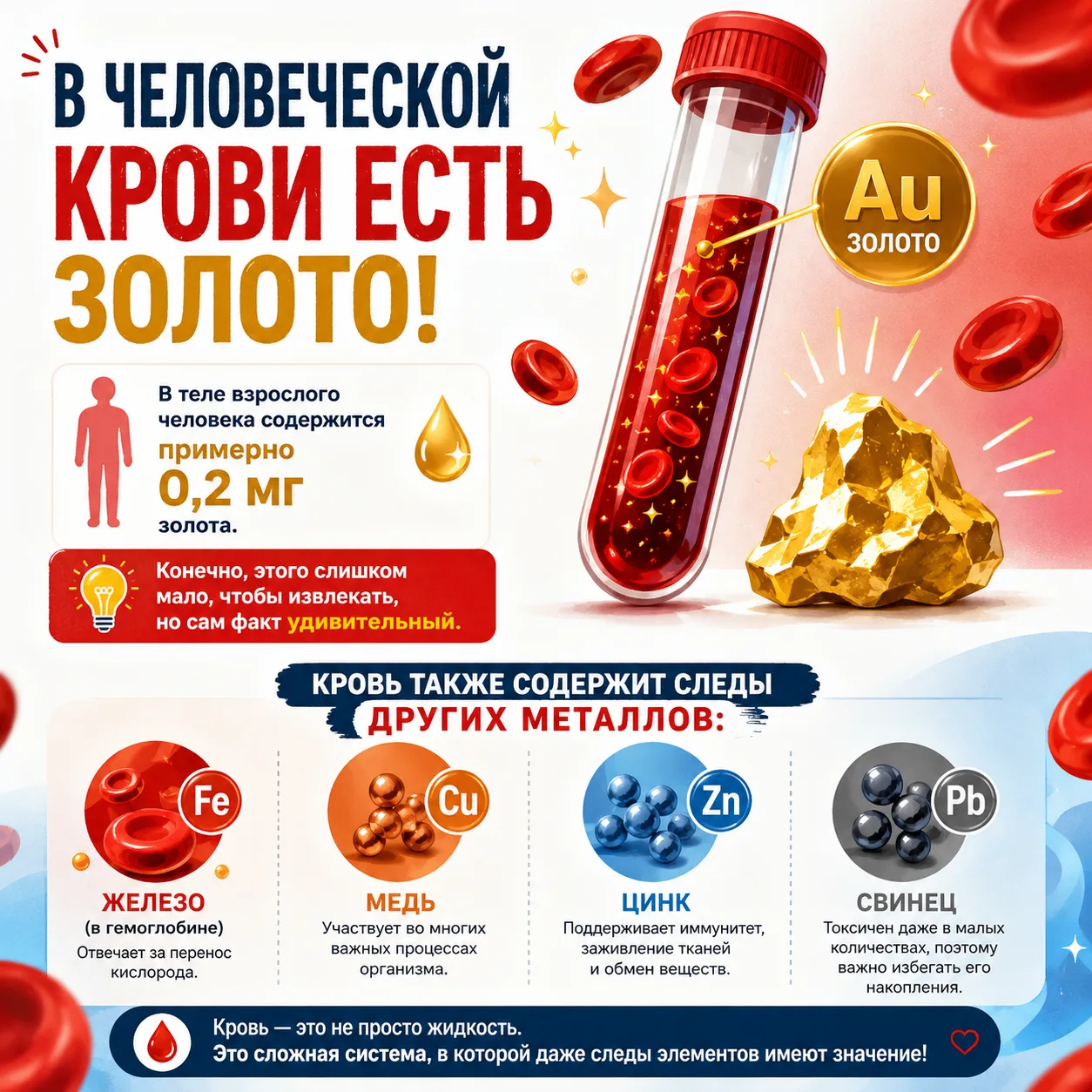 🩸 В крови человека есть золото! ✨

Примерно 0,2 мг — совсем немного, но достаточно, чтобы это было 