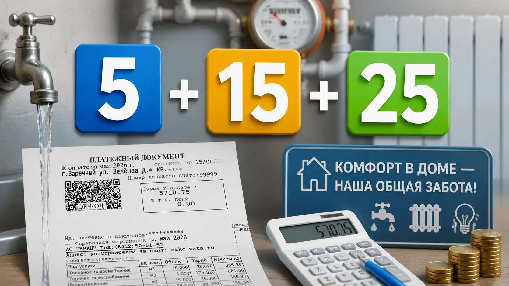 5 + 15 + 25 

Это формула, по которой в Заречном удачно складываются жилищно-коммунальные взаимоотно