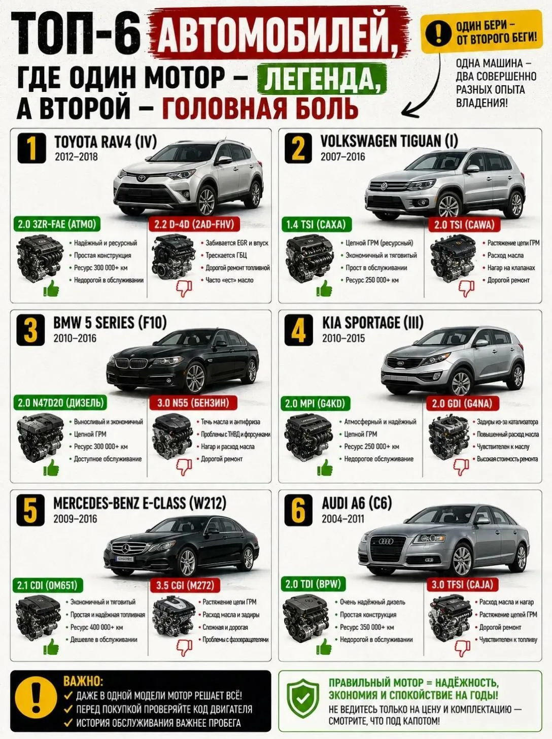 ТОП-6 АВТОМОБИЛЕЙ, ГДЕ ОДИН МОТОР-ЛЕГЕНДА, А ВТОРОЙ - ГОЛОВНАЯ БОЛЬ