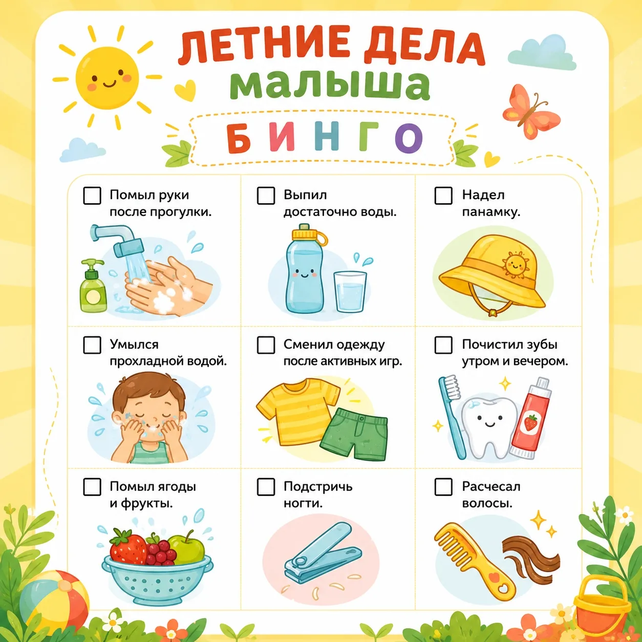 🎯 А давайте сыграем в «Летнее БИНГО»! Отмечайте выполненные задания вместе с малышом и...