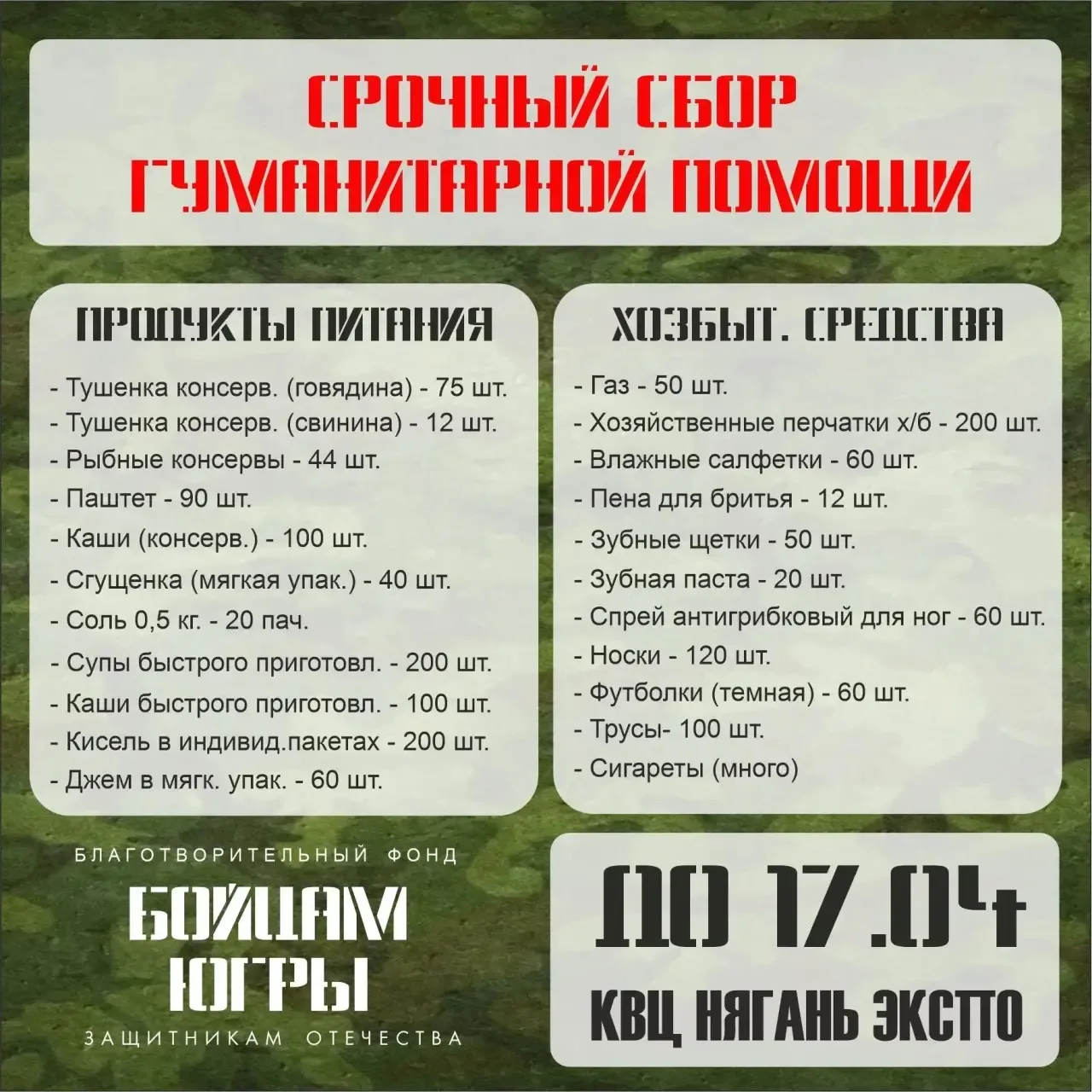 В Нягани объявлен срочный сбор гуманитарной помощи для участников специальной военной операции. Сбор