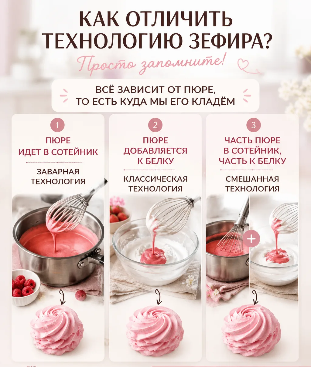 Заварная, классическая или смешанная?
Как определить технологию приготовления зефира?

Очень часто в