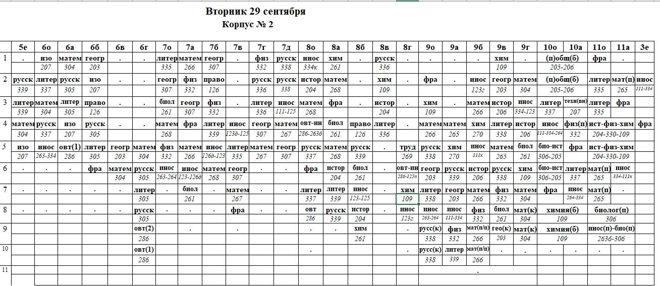 Расписание на вторник, 29 сентября