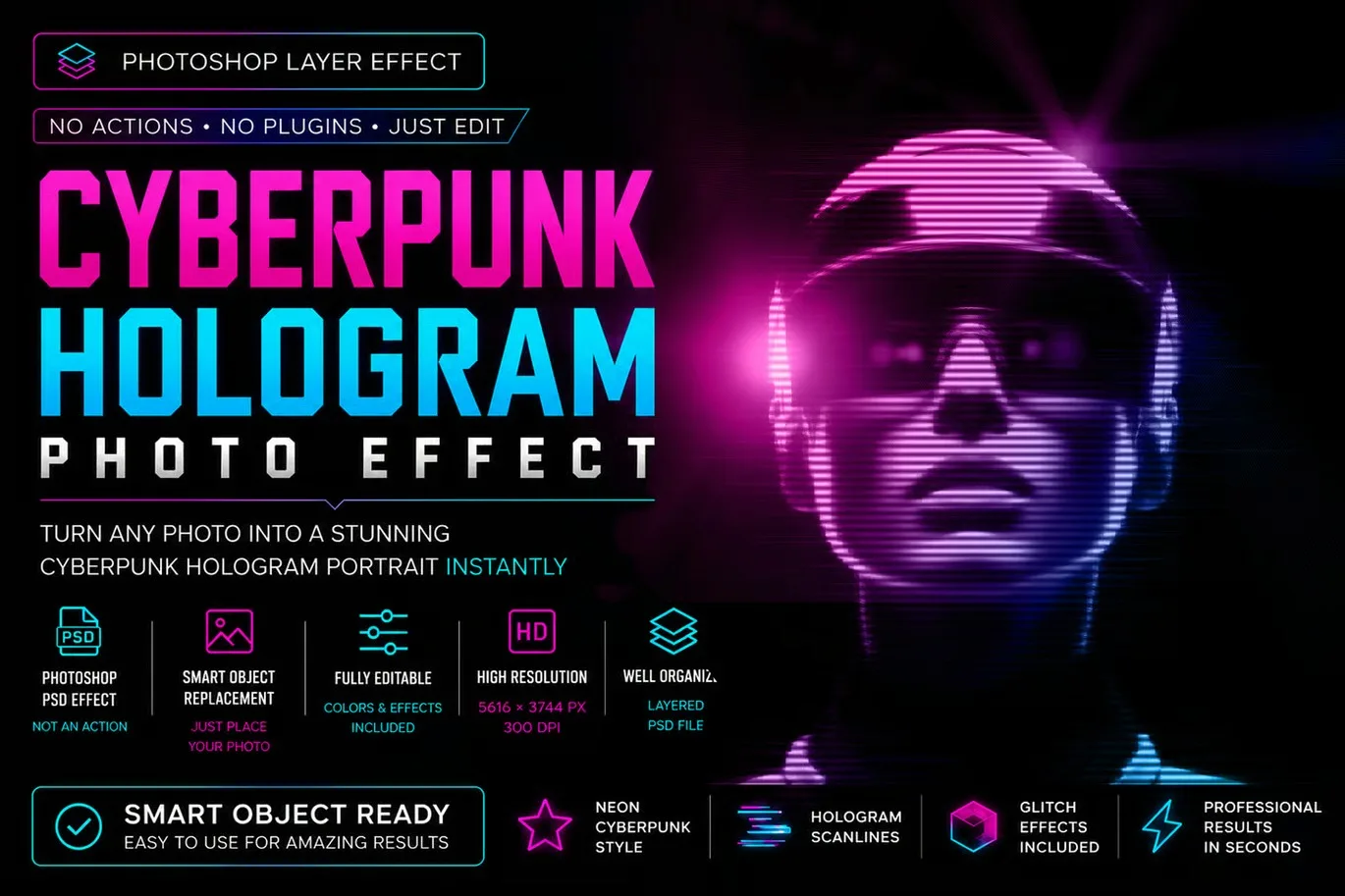 ✅ Cyberpunk Hologram Photoshop Effect

Шаблон для создания эффекта голограммы из фото

📁 PSD

#️⃣ #