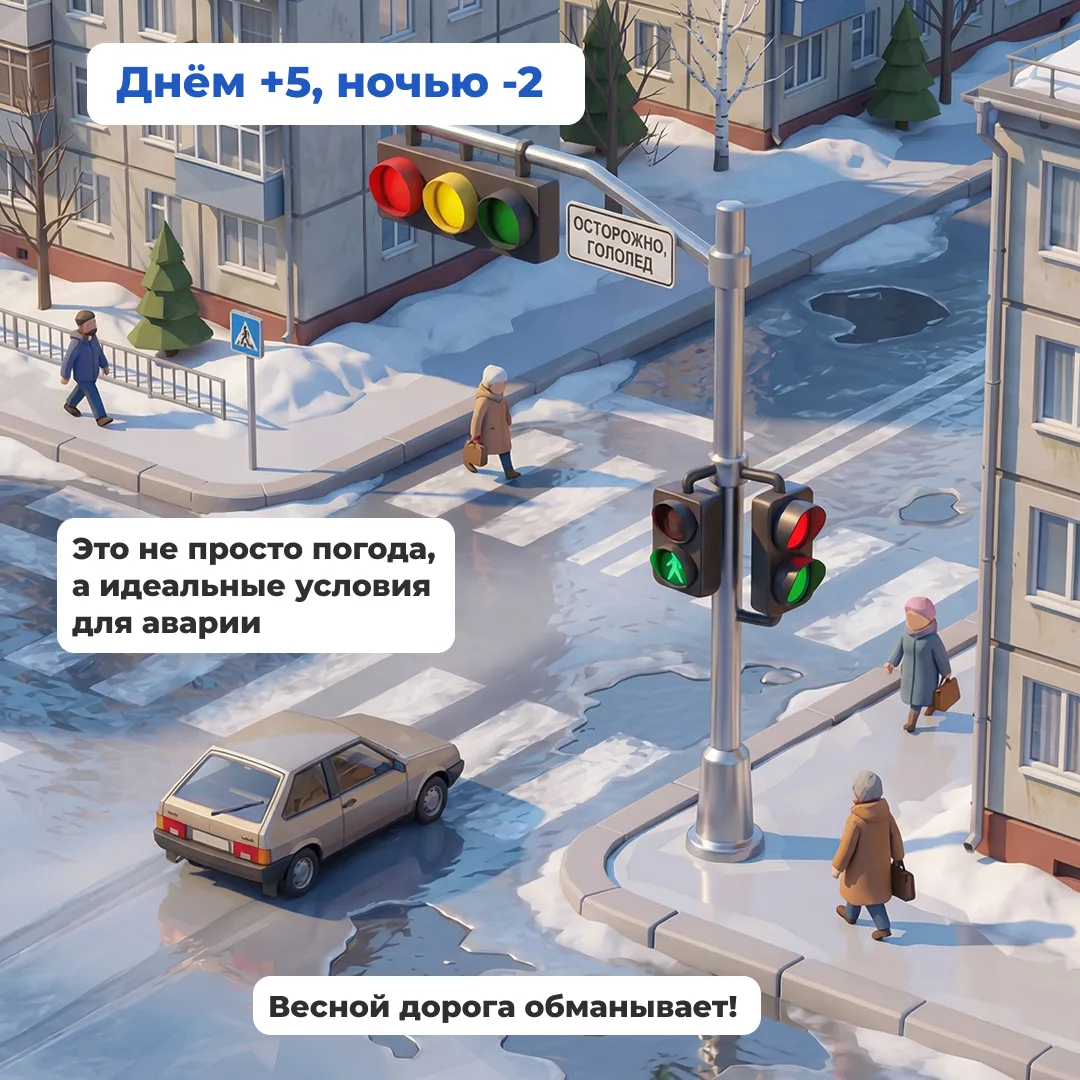 Днем солнце и лужи, а ночью – минус и «стекло» на асфальте. Именно такие перепады темпе...