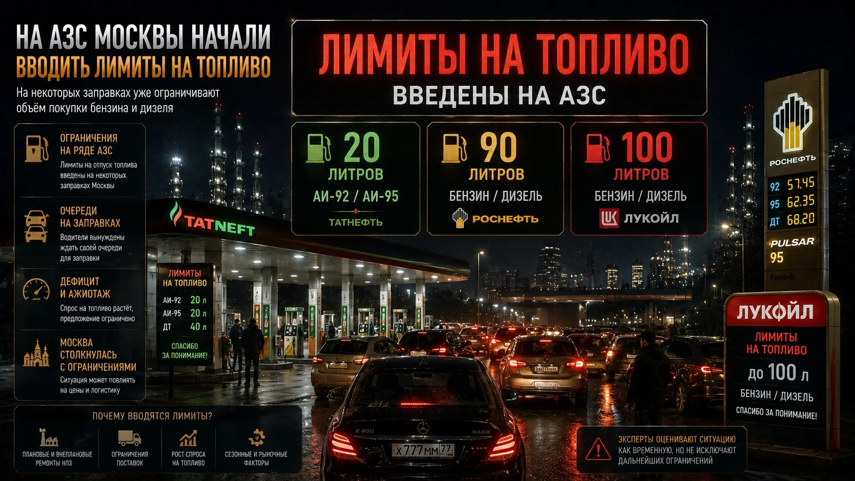 ⛽ Ограничения на продажу топлива начали вводить на АЗС Москвы

На ряде заправок появились лимиты на 