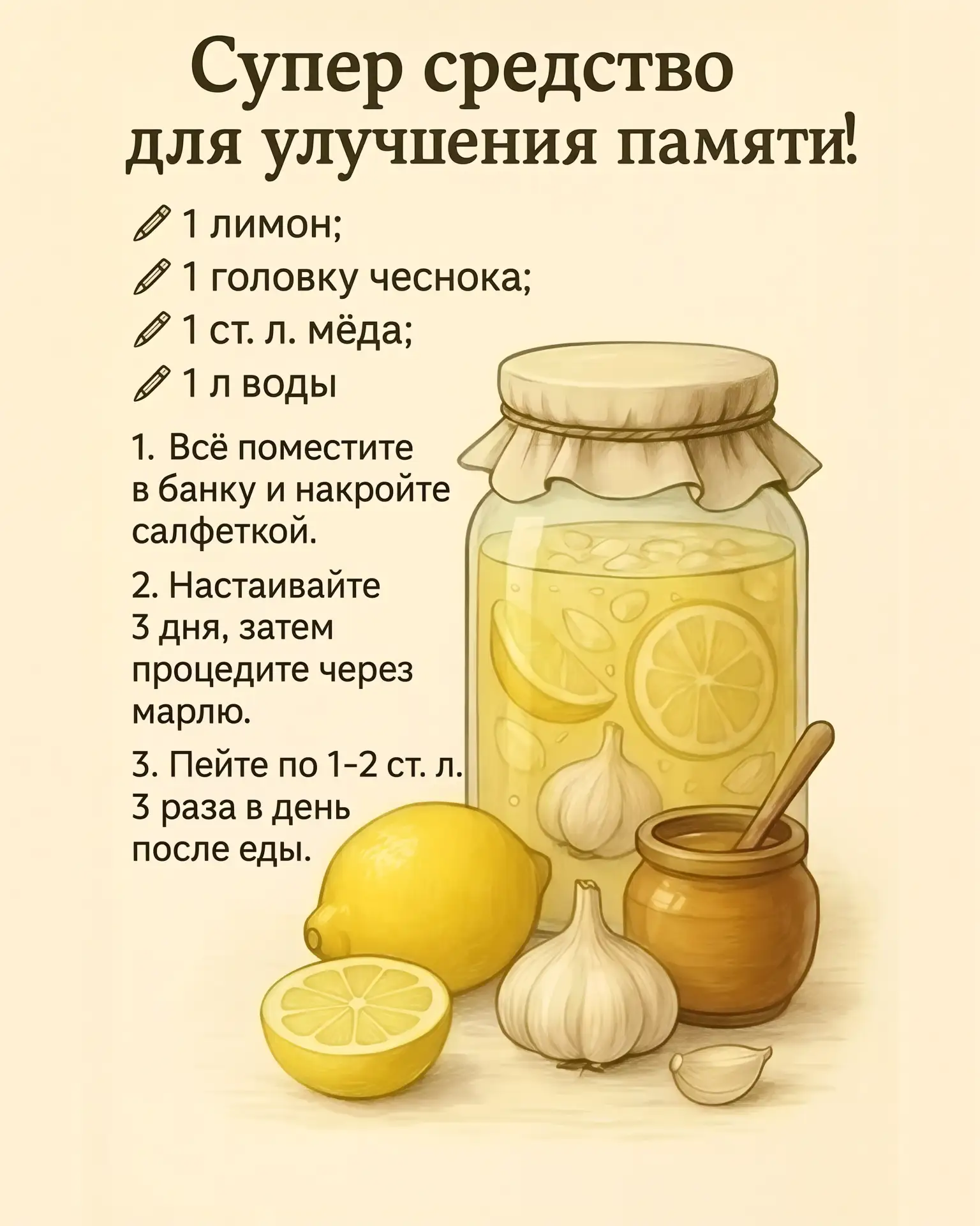 🧠 Натуральное средство для ясного ума и крепкой памяти!

Лимон, чеснок и мёд — простая, но мощная с