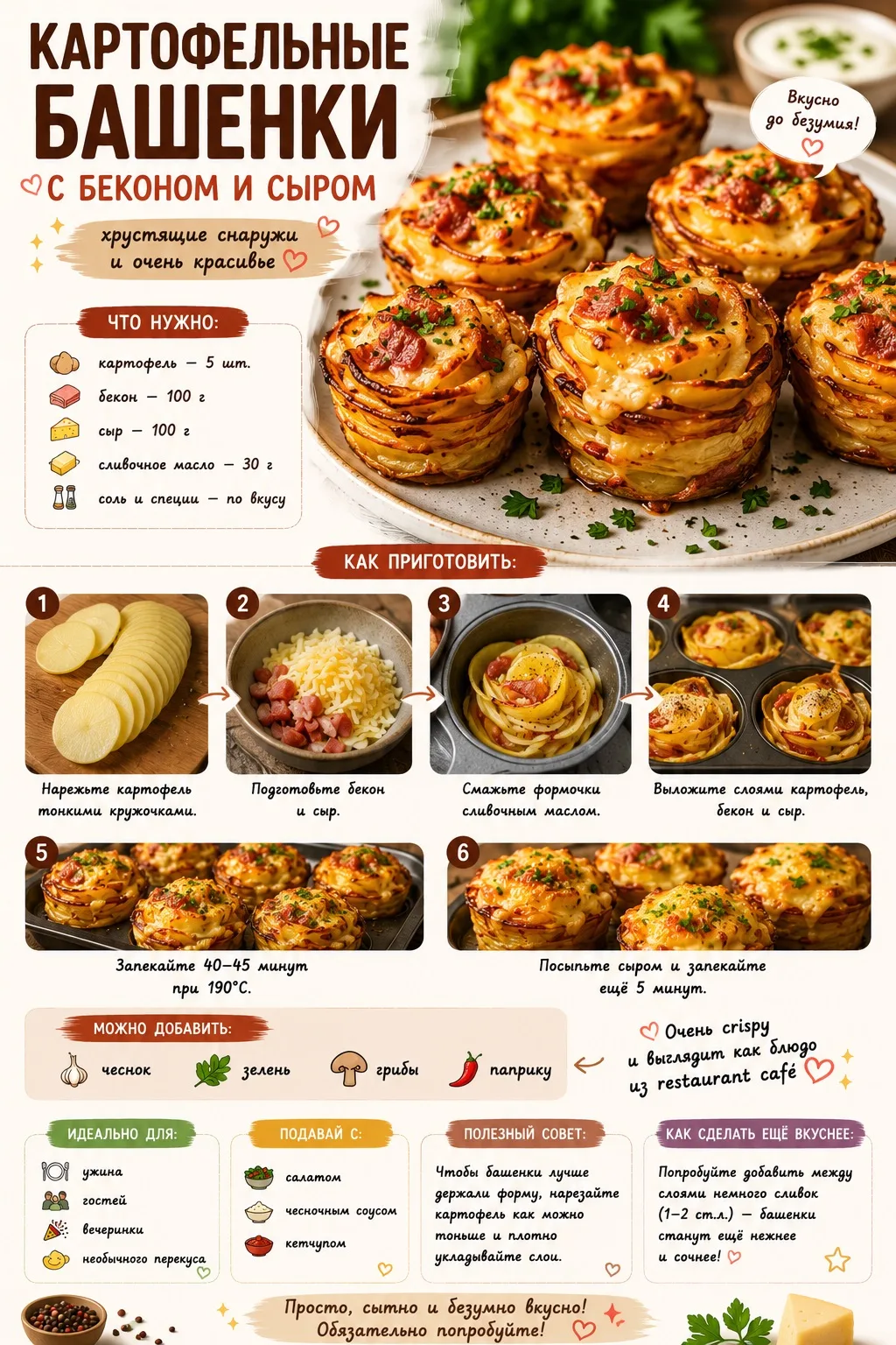 🥔 КАРТОФЕЛЬНЫЕ БАШЕНКИ С БЕКОНОМ И СЫРОМ ✨