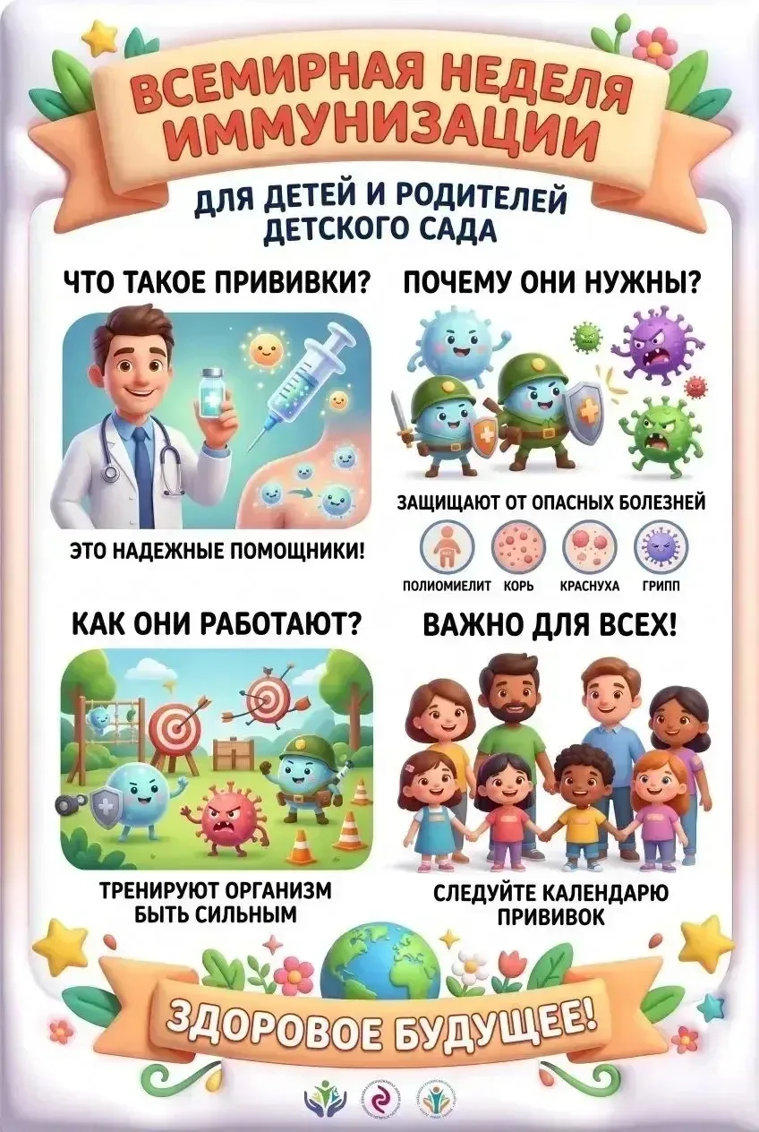 📢♥️👩‍⚕️Всемирная неделя иммунизации (ВНИ), в 2026 году она пройдёт с 24 по 30 апреля.

Сделанные в