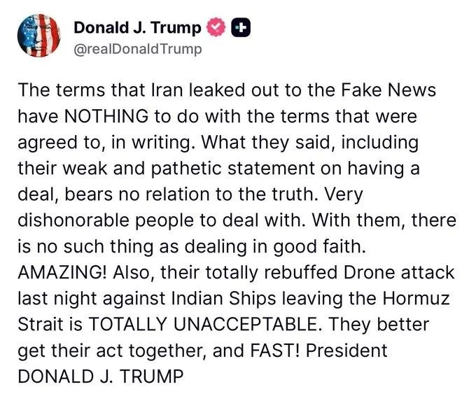 Трамп назвал условия сделки, опубликованные иранскими СМИ, вымыслом.

Так всегда бывает накануне под