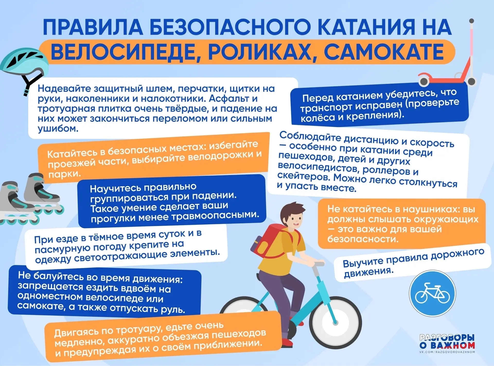 🚦 Безопасность превыше скорости!
Вспомним главные правила перед поездкой на велосипеде, роликах или