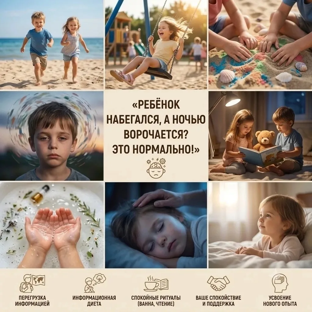 «Ребёнок набегался за день, а ночью ворочается? Это нормально!» 
 
 Лето — пора активных прогулок, с