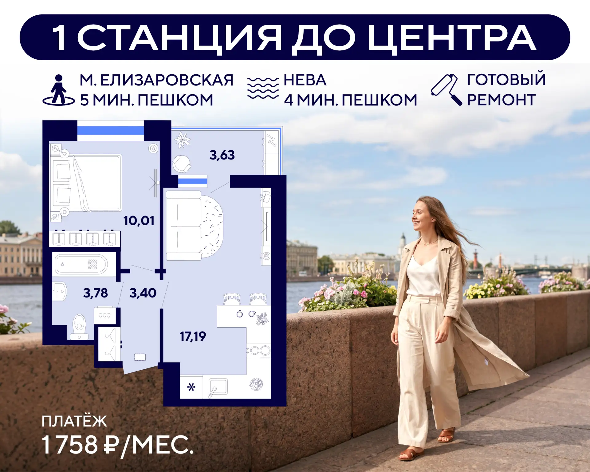 🔥 В 5 минутах от «Елизаровской» однушка за 1 758 ₽/мес. с ремонтом