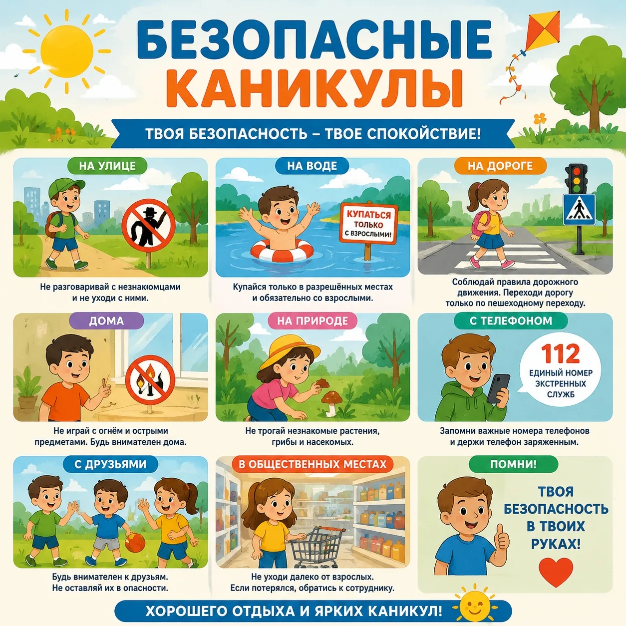 ☀️Безопасные каникулы: памятка для детей ☀️ 
❗Каникулы — время отдыха, приключений и новых впечатлен