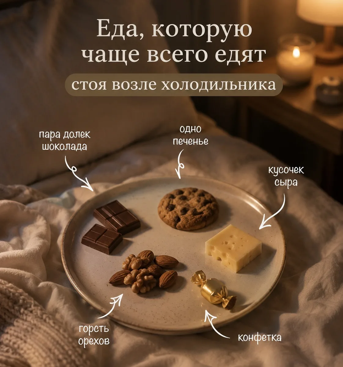 Еда, которую чаще всего едят стоя возле холодильника:

🍫 Пара долек шоколада
🍪 Одно печенье
🧀 Кус