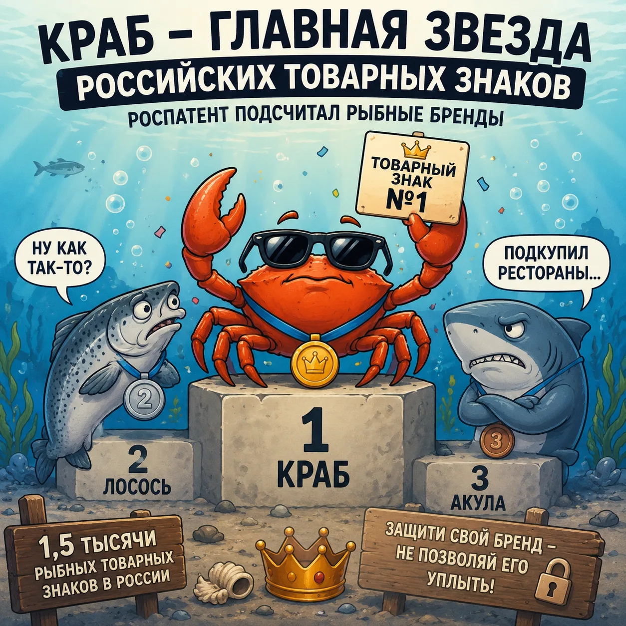 🦀 Крабов в товарных знаках оказалось больше, чем лосося и акулы. 🐟

🧮 Роспатент подсчитал: в Росс