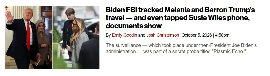 ⚡️ФБР при администрации Байдена отслеживало поездки семьи Трампа, — New York Post.
