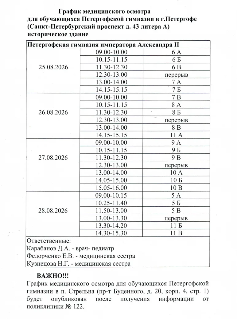 График медицинского осмотра для обучающихся Петергофской гимназии в г. Петергофе (Санкт...