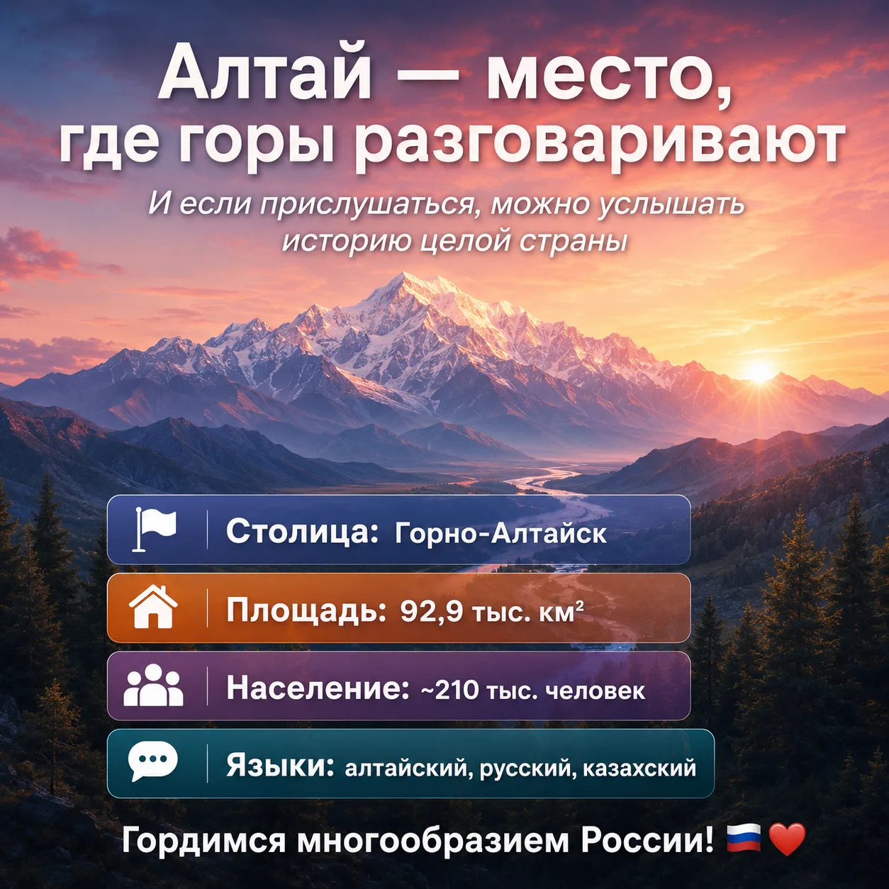 🇷🇺 Продолжаем говорить о регионах нашей большой страны!

🏔️ Сегодня — Республика Алтай. Это место