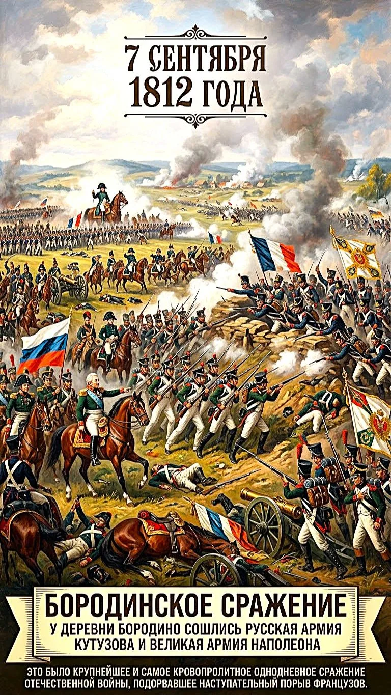 В этот день в 1812 году у села Бородино (в 125 км от Москвы) состоялось крупнейшее сраж...