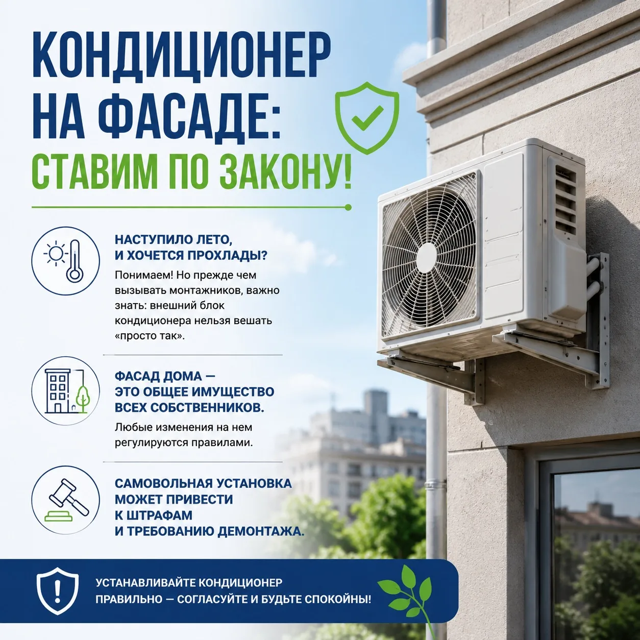 Установка внешнего блока кондиционера на фасаде многоквартирного дома – это серьезный вопрос, которы