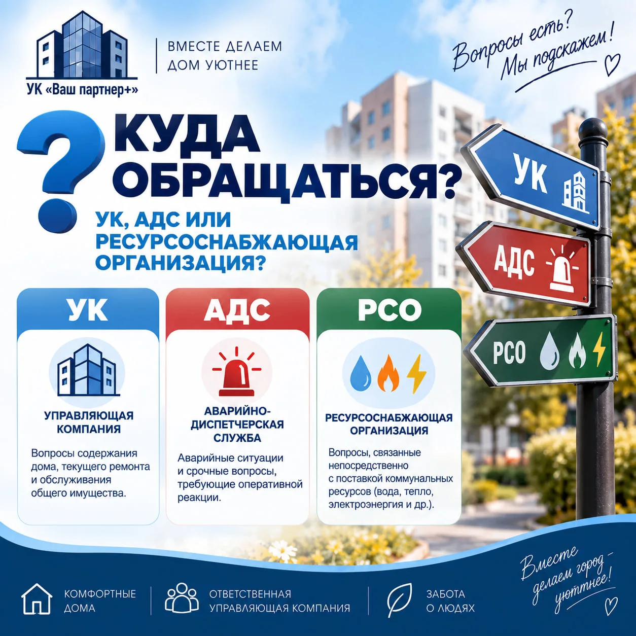 ❓ Куда обращаться: в УК, АДС или ресурсоснабжающую организацию?