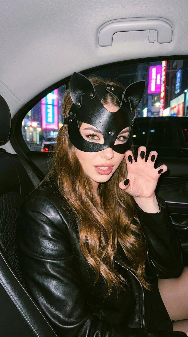 Кошачий глам 🖤  Создай Не меняй черты лица Девушка в ночном городе лицо близко к камере полубоком но