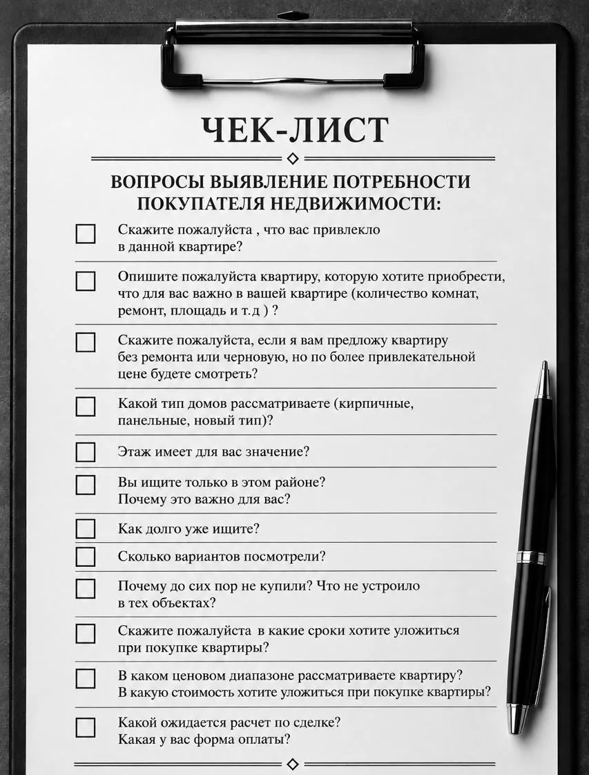 ℹ️ Чек лист выявления мотивации клиента: покупателя и продавца недвижимости.