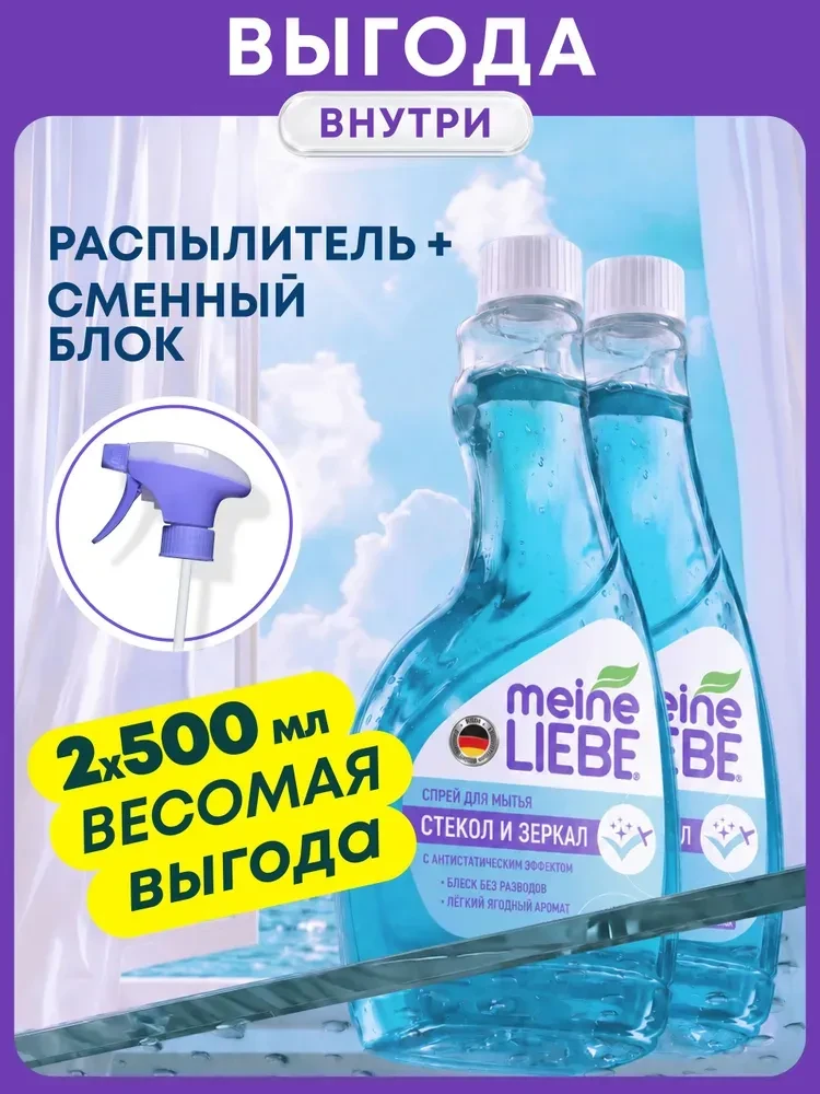 Набор MEINE LIEBE Сменный блок к средству для мытья стекол 500 мл, 2 шт + распылитель. 🔥