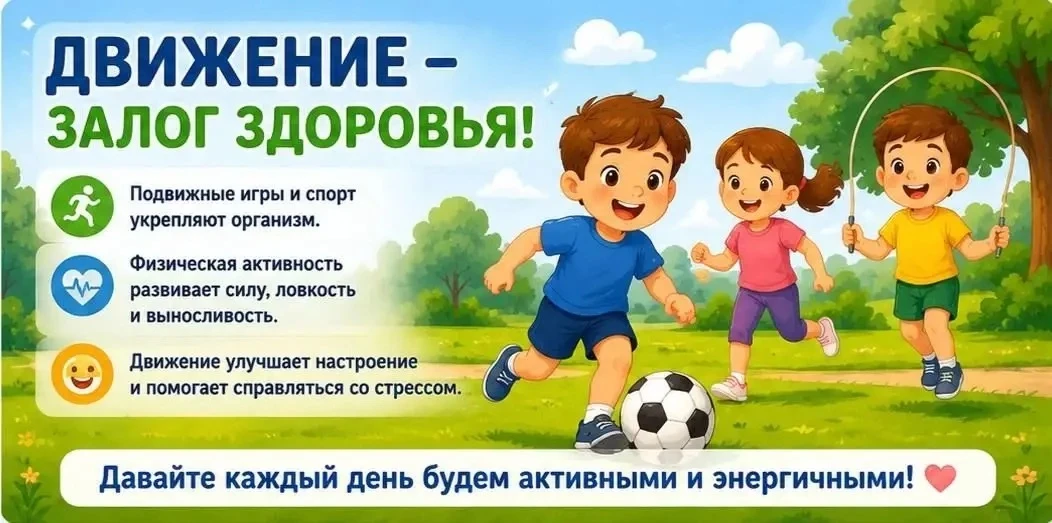 Движение играет важную роль в развитии ребёнка 

Подвижные игры, прогулки и физическая активность по