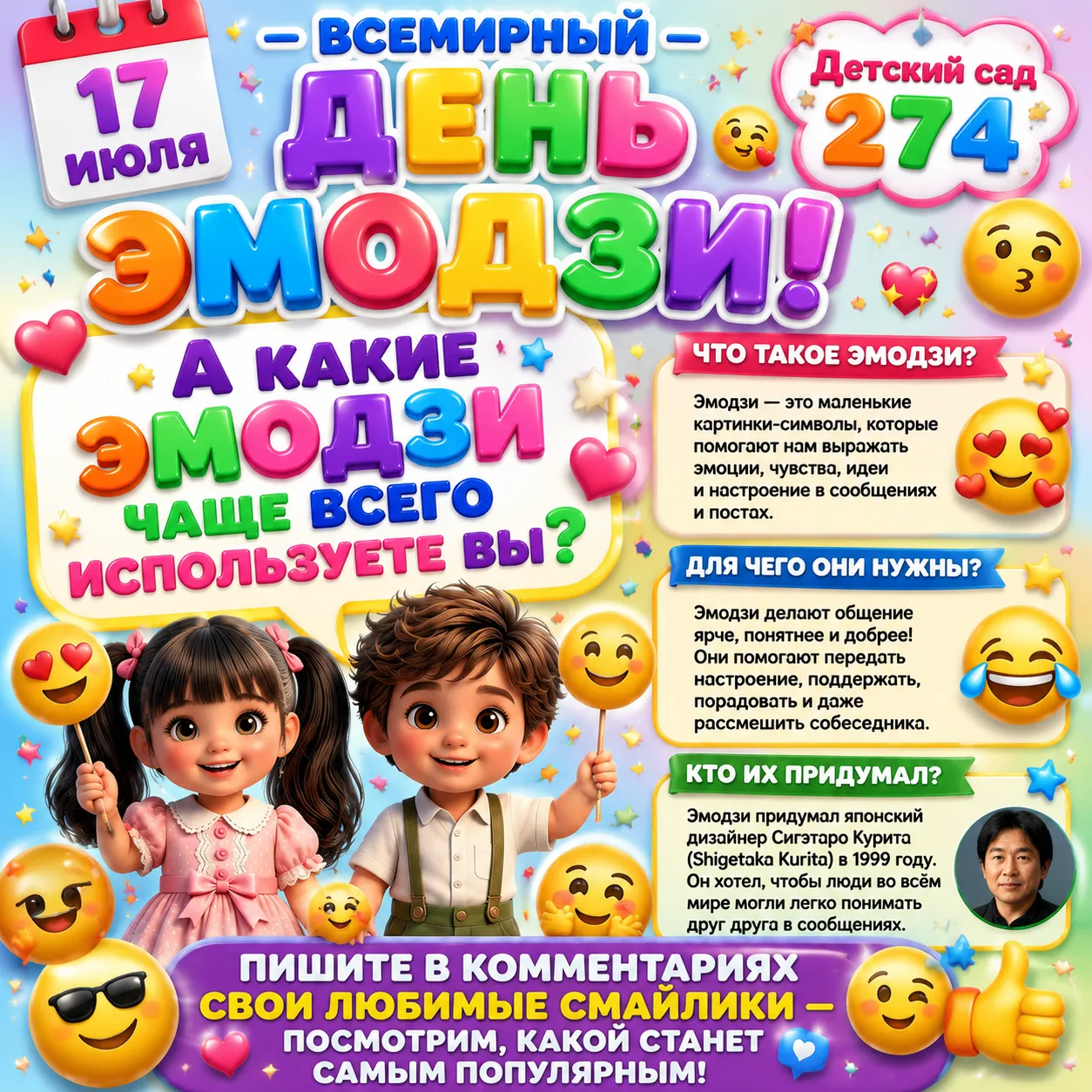 😊 17 июля — Всемирный день эмодзи! 😍🎉
Сегодня отмечается необычный и очень позитивный праздник — 