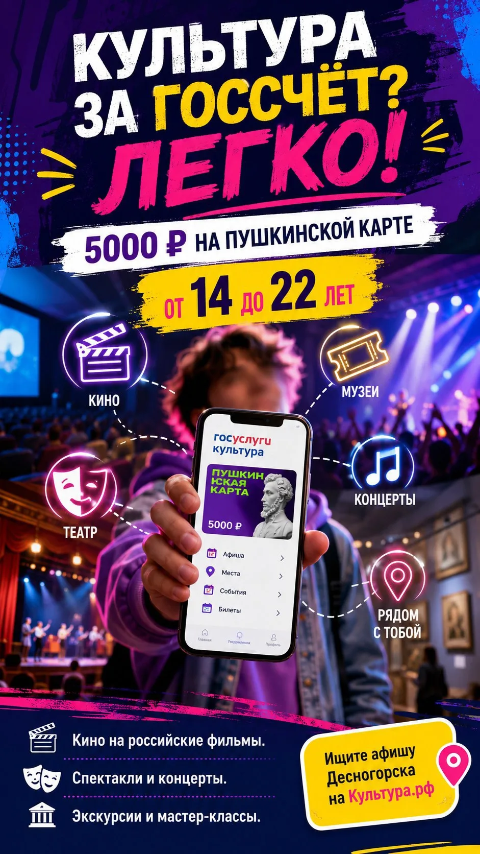 🎭 Культура за госсчет? Легко!
Десногорцы от 14 до 22 лет, ловите возможность сходить на крутые собы
