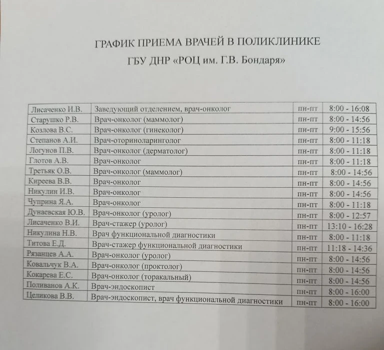 ГРАФИК ПРИЕМА ВРАЧЕЙ В ПОЛИКЛИНИКЕ " ГБУ ДНР РОЦ ИМ. Г.В. БОНДАРЯ"