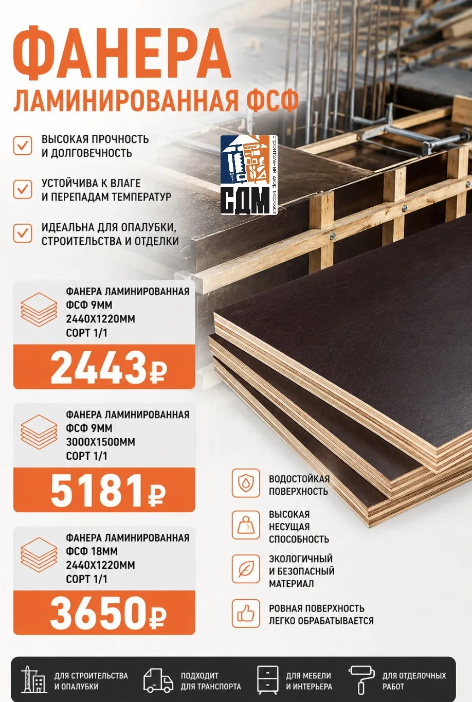 🏗️🪵 Почему строители выбирают ламинированную фанеру ФСФ? 🪵🏗️

Ламинированная фанера ФСФ — это пр