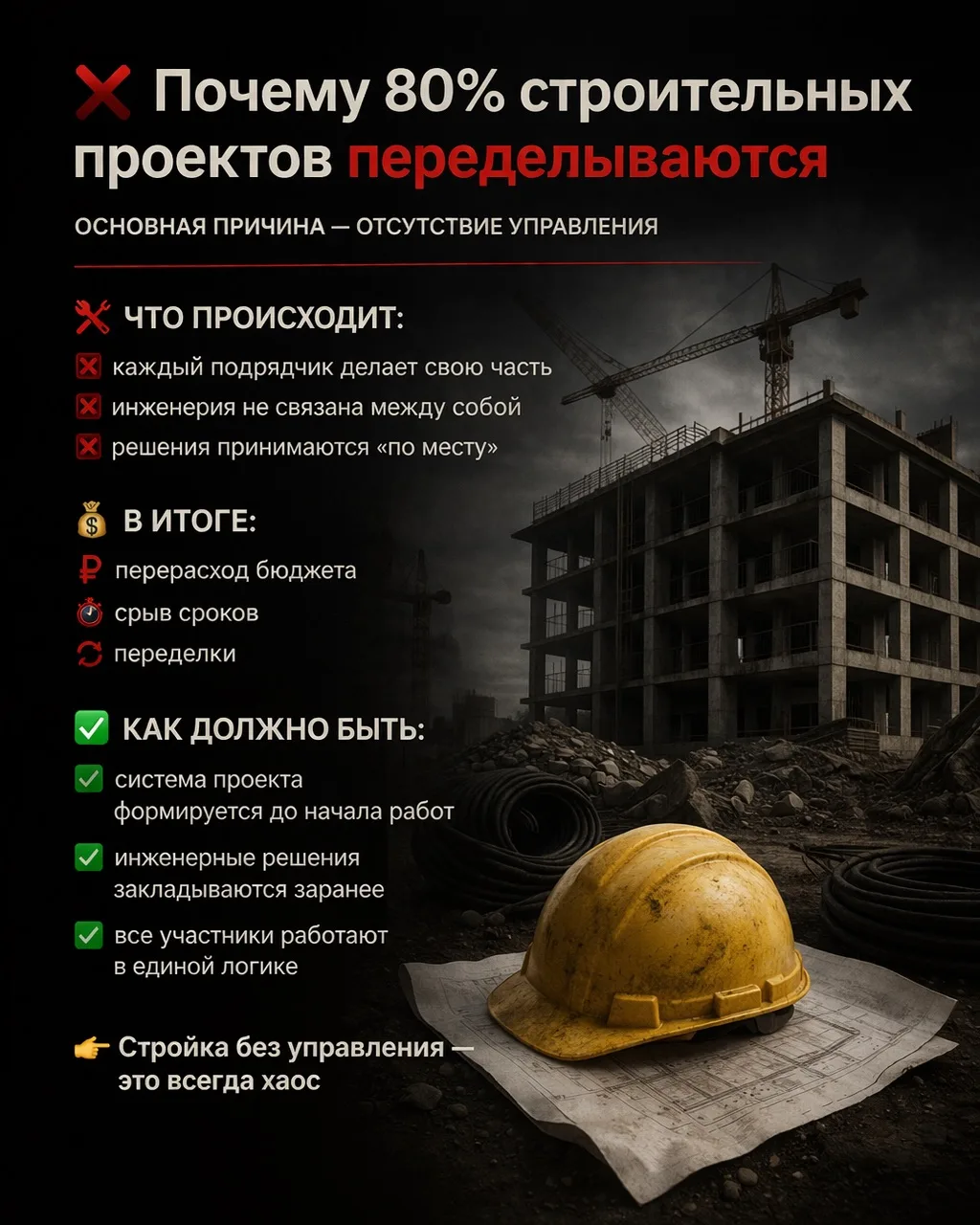 ❌ Почему 80% строительных проектов переделываются  

Основная причина — отсутствие управления  

Что