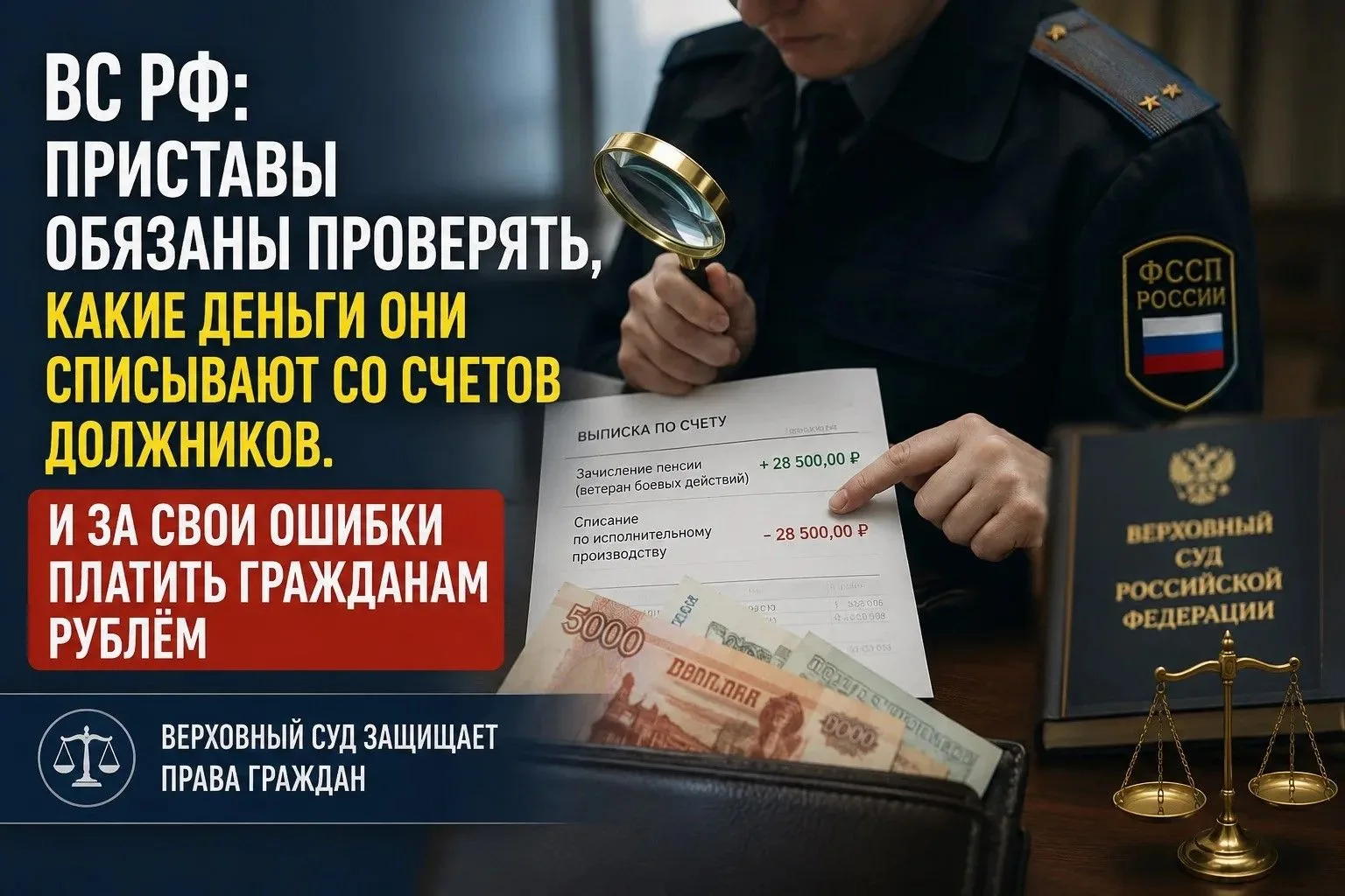 ВС РФ: ПРИСТАВЫ ОБЯЗАНЫ ПРОВЕРЯТЬ, КАКИЕ ДЕНЬГИ ОНИ СПИСЫВАЮТ СО СЧЕТОВ ДОЛЖНИКОВ. И ЗА...