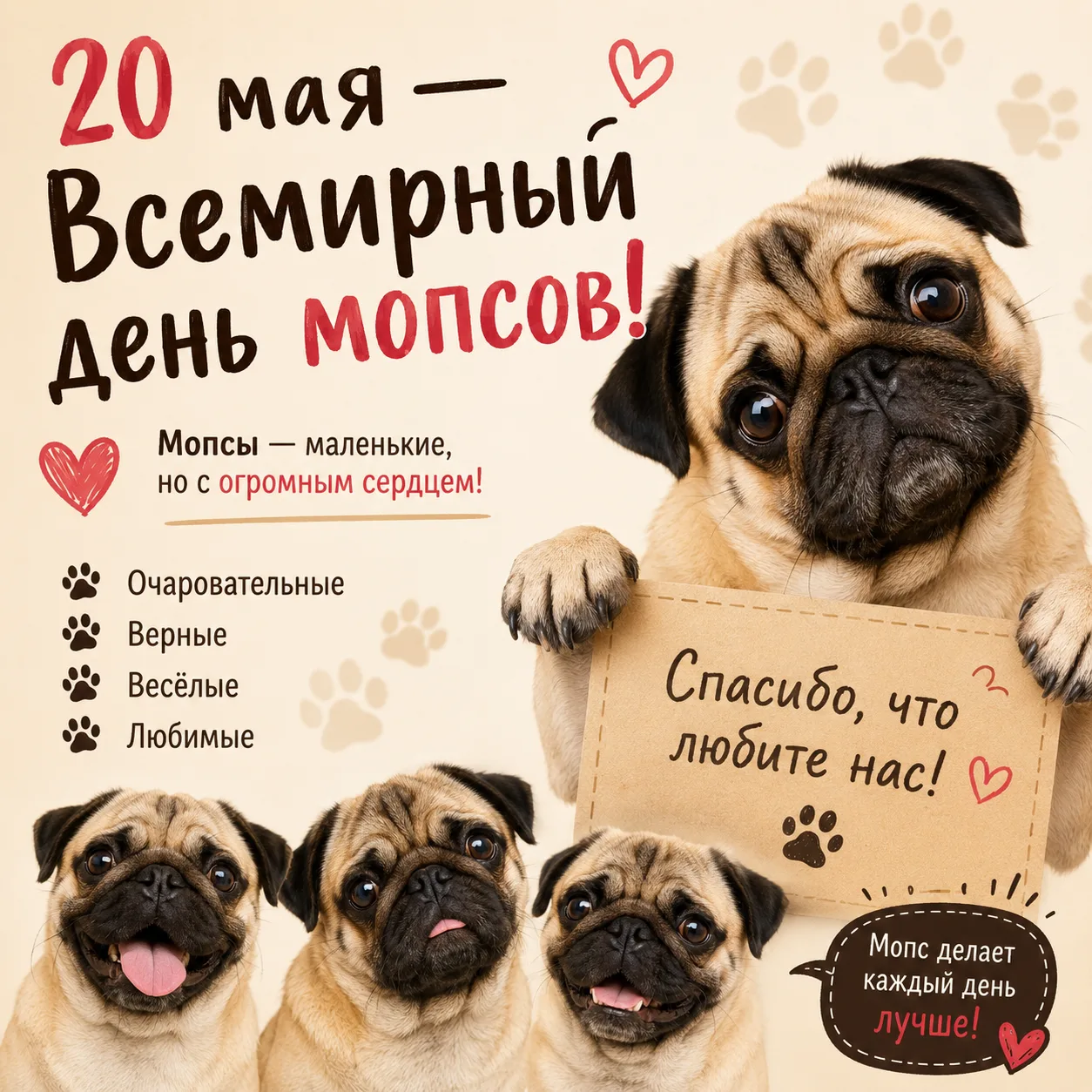 🥰 20 мая — Всемирный день мопсов   Отправляйте открытку всем любителям этой замечательной породы, вы