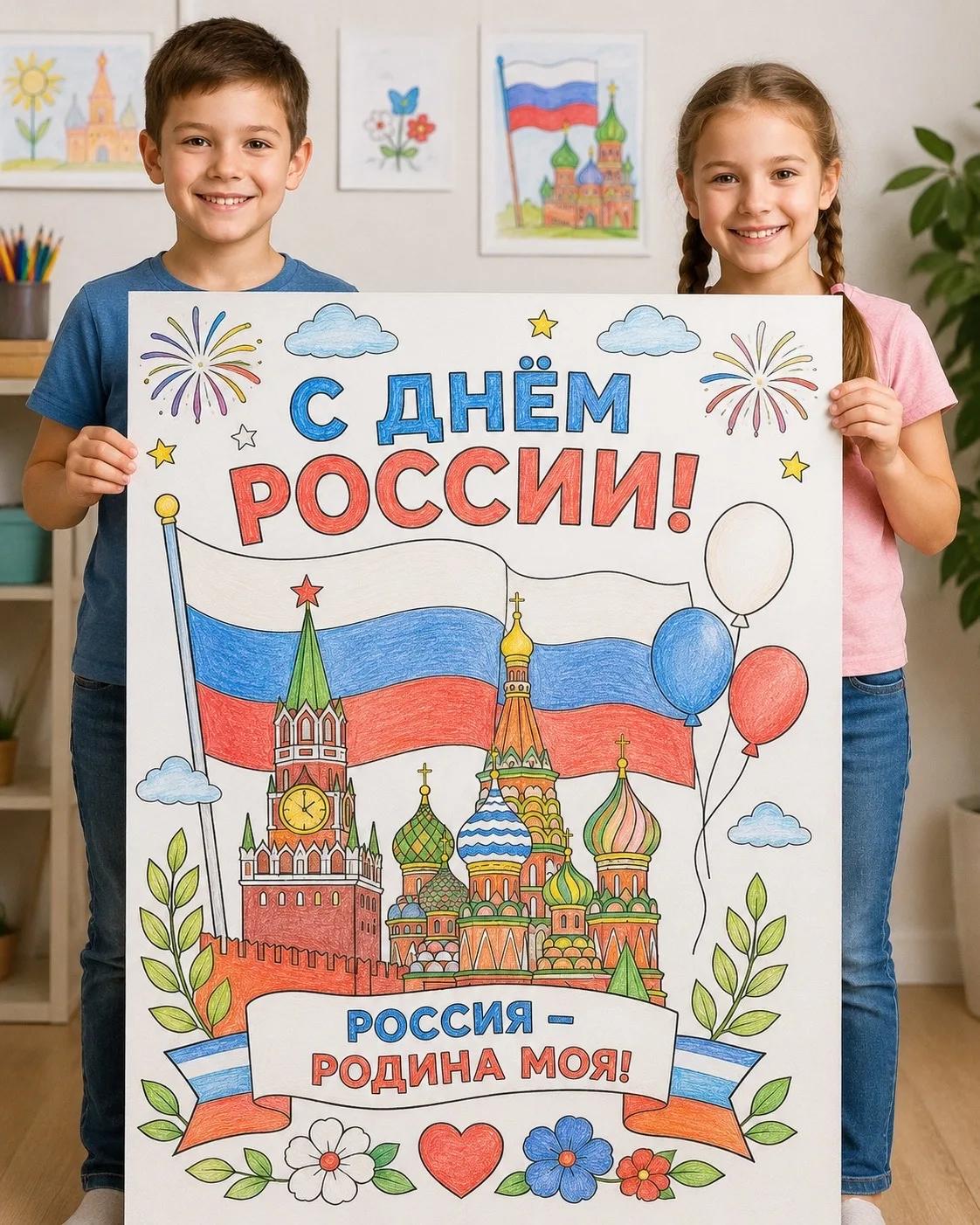 Макси-раскраска «С Днём России» на 9ти листах для создания для создания коллективной тв...