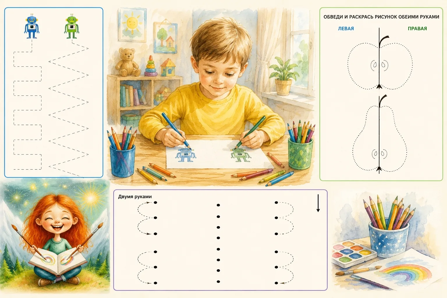 Рисование двумя руками: зарядка для мозга за 5 минут